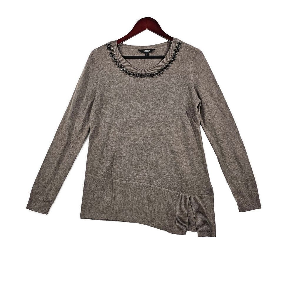 Simply Vera Wang Sweater Bling Beaded Rhinestone Collar Taupe Slant Hem Sizeโ S